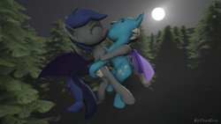 Size: 1280x720 | Tagged: safe, alternate version, artist:batponyecho, oc, oc only, oc:echo, oc:ivory pearl, species:bat pony, species:pony, 3d, bat pony oc, bat wings, commission, cutie mark, eyes closed, female, flying, forest, kissing, lesbian, mare, moon, night, oc x oc, shipping, source filmmaker, spread wings, tail, tree, wings, ych result