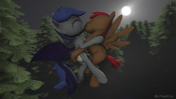 Size: 1280x720 | Tagged: safe, alternate version, artist:batponyecho, oc, oc only, oc:dusty, oc:echo, species:bat pony, species:pegasus, species:pony, 3d, bat pony oc, bat wings, commission, cutie mark, eyes closed, female, flying, forest, kissing, male, mare, moon, night, oc x oc, shipping, source filmmaker, spread wings, straight, tail, tree, wings, ych result