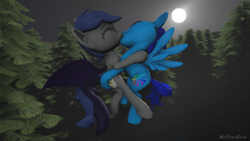 Size: 1280x720 | Tagged: safe, alternate version, artist:batponyecho, oc, oc only, oc:blue stream, oc:echo, species:bat pony, species:pegasus, species:pony, 3d, bat pony oc, bat wings, commission, cutie mark, eyes closed, female, flying, forest, kissing, male, mare, moon, night, oc x oc, shipping, source filmmaker, spread wings, straight, tail, tree, wings, ych result