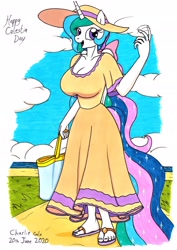 Size: 1920x2706 | Tagged: safe, artist:killerteddybear94, character:princess celestia, species:alicorn, species:anthro, species:plantigrade anthro, species:pony, bag, beckoning, big breasts, breasts, busty princess celestia, celestia day, cleavage, clothing, cute, cutelestia, dress, female, flip-flops, hat, huge breasts, inviting, looking at you, mare, open mouth, ponytail, sandals, smiling, solo, sun hat, sundress, traditional art