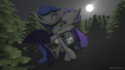 Size: 1280x720 | Tagged: safe, alternate version, artist:batponyecho, oc, oc only, oc:echo, oc:midnight blossom, species:bat pony, species:pony, 3d, bat pony oc, bat wings, commission, cutie mark, eyes closed, female, flying, forest, kissing, lesbian, mare, moon, night, oc x oc, shipping, source filmmaker, spread wings, tail, tree, wings, ych result