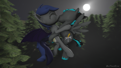 Size: 1280x720 | Tagged: safe, alternate version, artist:batponyecho, oc, oc only, oc:echo, oc:rain runner, species:bat pony, species:pegasus, species:pony, 3d, bat pony oc, bat wings, commission, cutie mark, eyes closed, female, flying, forest, kissing, male, mare, moon, night, oc x oc, shipping, source filmmaker, spread wings, stallion, straight, tail, tree, wings, ych result