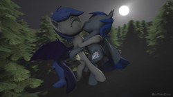Size: 1280x720 | Tagged: safe, alternate version, artist:batponyecho, oc, oc only, oc:echo, oc:fang, species:bat pony, species:pony, 3d, bat pony oc, bat wings, commission, cutie mark, eyes closed, female, flying, forest, kissing, male, mare, moon, night, oc x oc, shipping, source filmmaker, spread wings, stallion, straight, tail, tree, wings, ych result