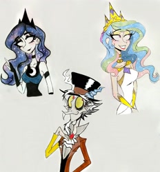 Size: 2472x2662 | Tagged: safe, artist:citi, character:discord, character:princess celestia, character:princess luna, species:human, clothing, crown, female, hand on chest, hat, humanized, jewelry, male, man, regalia, snaggletooth, starry hair, top hat, traditional art, woman