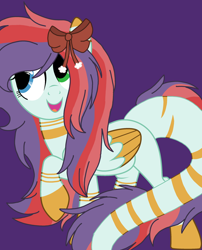 Size: 2289x2826 | Tagged: safe, artist:circuspaparazzi5678, base used, oc, oc:kireiinaa, species:pegasus, species:pony, blue and green eyes, bow, cute, hybrid, long mane, long tail, solo, stripes