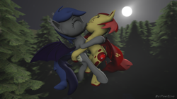Size: 1280x720 | Tagged: safe, alternate version, artist:batponyecho, oc, oc only, oc:echo, oc:ruby splash, species:bat pony, species:pony, 3d, bat pony oc, bat wings, commission, cutie mark, eyes closed, female, flying, forest, kissing, lesbian, mare, moon, night, oc x oc, shipping, source filmmaker, spread wings, tail, tree, wings, ych result