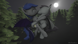 Size: 1280x720 | Tagged: safe, alternate version, artist:batponyecho, oc, oc only, oc:echo, oc:shutterstock, species:bat pony, species:pony, 3d, bat pony oc, bat wings, commission, cutie mark, eyes closed, female, flying, forest, kissing, male, mare, moon, night, oc x oc, shipping, source filmmaker, spread wings, stallion, straight, tail, tree, wings, ych result