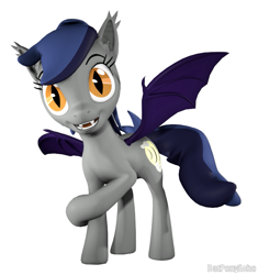 Size: 651x692 | Tagged: safe, artist:batponyecho, oc, oc only, oc:echo, species:bat pony, species:pony, 3d, bat pony oc, bat wings, cutie mark, fangs, female, looking at you, mare, simple background, smiling, smiling at you, solo, source filmmaker, spread wings, tail, white background, wings