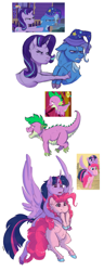 Size: 1727x4486 | Tagged: safe, artist:shimazun, character:pinkie pie, character:spike, character:starlight glimmer, character:trixie, character:twilight sparkle, character:twilight sparkle (alicorn), species:alicorn, species:dragon, species:earth pony, species:pony, species:unicorn, episode:friendship is magic, episode:to where and back again, g4, my little pony: friendship is magic, my little pony: the movie (2017), chest fluff, clothing, colored claws, colored hooves, ear fluff, female, hat, heart eyes, hoof fluff, male, mare, narrowed eyes, nightcap, scene interpretation, wingding eyes