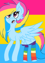 Size: 784x1096 | Tagged: safe, artist:circuspaparazzi5678, base used, oc, oc:pansexual, species:pegasus, species:pony, clothing, cute, pansexual, pansexual pride flag, pride, pride flag, rainbow socks, socks, solo, striped socks, surprise face