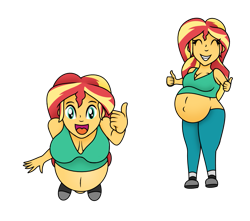 Size: 951x839 | Tagged: safe, artist:foxtide888, artist:pacificside18, character:sunset shimmer, my little pony:equestria girls, belly, belly button, big belly, big breasts, breasts, cleavage, clothing, doodle, doodles, looking at you, looking up, pants, pregnant, pregnant equestria girls, shirt, shoes, simple background, socks, sunset preggers, thumbs up, transparent background