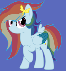 Size: 2092x2248 | Tagged: safe, artist:circuspaparazzi5678, base used, oc, oc:lightning blitz, parent:rainbow dash, parent:soarin', parents:soarindash, species:pegasus, species:pony, blue background, hairclip, offspring, palindrome get, simple background, solo