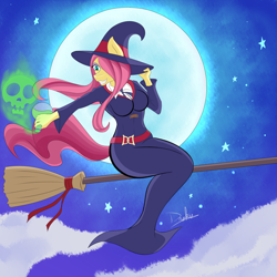 Size: 5000x5000 | Tagged: safe, artist:drakxs, character:fluttershy, species:anthro, breasts, broom, busty fluttershy, clothing, cosplay, costume, female, flutterbitch, flying, flying broomstick, hat, little witch academia, moon, night, solo, stars, sucy manbavaran, witch, witch hat
