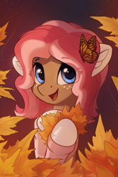 Size: 2000x3000 | Tagged: safe, artist:freeedon, oc, oc only, oc:ginger bread, species:earth pony, species:pony, autumn, bust, butterfly, clothing, commission, eye clipping through hair, female, freckles, hoof hold, leaves, looking at you, mare, monarch butterfly, open mouth, portrait, smiling, solo, sweater, three quarter view