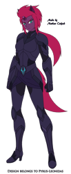 Size: 1024x2496 | Tagged: safe, artist:pyrus-leonidas, character:tempest shadow, species:human, armor, belt, boots, broken horn, clothing, eared humanization, eye scar, female, gloves, high heel boots, horn, horned humanization, humanized, pony coloring, scar, shoes, simple background, solo, tailed humanization, transparent background