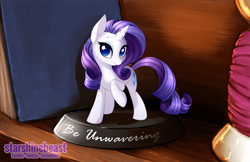 Size: 1391x900 | Tagged: safe, artist:starshinebeast, character:rarity, species:pony, species:unicorn, fallout equestria, book, cute, fanfic, fanfic art, female, figurine, hooves, horn, mare, ministry mares, ministry mares statuette, raised hoof, raribetes, smiling, solo, statuette, text, yarn