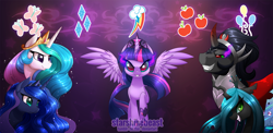 Size: 1844x900 | Tagged: safe, artist:starshinebeast, character:king sombra, character:princess celestia, character:princess luna, character:queen chrysalis, character:twilight sparkle, character:twilight sparkle (alicorn), species:alicorn, species:pony, corrupted, corrupted twilight sparkle, evil twilight, fanfic, fanfic art, fanfic cover, implied tyrant celestia, queen twilight, sombra eyes, twilight is anakin, tyrant sparkle