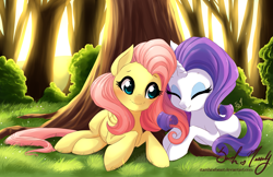 Size: 3045x1970 | Tagged: safe, artist:starshinebeast, character:fluttershy, character:rarity, species:pegasus, species:pony, species:unicorn, ship:rarishy, blushing, cute, eyes closed, female, forest, lesbian, mare, scenery, shipping, signature, smiling, tree