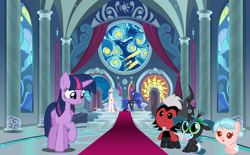 Size: 1234x766 | Tagged: safe, artist:swiftgaiathebrony, artist:zutheskunk edits, character:cozy glow, character:lord tirek, character:princess celestia, character:princess luna, character:queen chrysalis, character:twilight sparkle, a better ending for chrysalis, a better ending for cozy, a better ending for tirek, age regression, baby, castle, cozybetes, cute, cutealis, diaper, foal, pacifier, pigtails, tirebetes