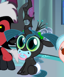 Size: 500x600 | Tagged: safe, artist:swiftgaiathebrony, artist:zutheskunk edits, character:cozy glow, character:lord tirek, character:queen chrysalis, age regression, cropped, cute, cutealis, pigtails, solo focus, trio