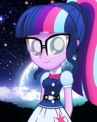 Size: 2000x2500 | Tagged: safe, artist:aryatheeditor, character:twilight sparkle, character:twilight sparkle (scitwi), species:eqg human, species:human, my little pony:equestria girls, beautiful, belt, bow tie, cutie mark, digital art, female, geode of telekinesis, glasses, happy, heterochromia, jewelry, looking at you, magical geodes, night, outfit, pendant, powerful sparkle, sky, smiley face, smiling, smiling at you, solo