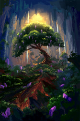 Size: 720x1080 | Tagged: safe, artist:plainoasis, character:spike, character:twilight sparkle, character:twilight sparkle (alicorn), species:alicorn, species:dragon, species:pony, cavern, duo, older, older spike, painting, scenery, scenery porn, silhouette, tree
