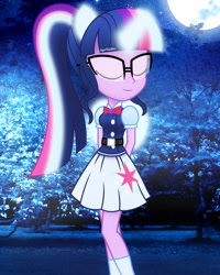 Size: 2000x2500 | Tagged: safe, artist:aryatheeditor, character:twilight sparkle, character:twilight sparkle (scitwi), species:eqg human, my little pony:equestria girls, belt, bow tie, cutie mark, eyes closed, female, geode of telekinesis, glasses, glow, glowing horn, horn, jewelry, magical geodes, moon, night, outfit, pendant, photo, ponied up, pony ears, powerful sparkle, relaxing, solo, wings