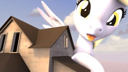 Size: 2560x1440 | Tagged: safe, artist:phenioxflame, character:derpy hooves, species:pegasus, species:pony, 3d, big pony, female, giant derpy hooves, giant pegasus, giant pony, house, macro, sfm pony, solo, source filmmaker, tongue out