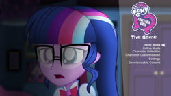 Size: 4096x2304 | Tagged: safe, artist:aryatheeditor, character:twilight sparkle, character:twilight sparkle (scitwi), species:eqg human, my little pony:equestria girls, bow tie, bust, female, game, gameplay, glasses, heterochromia, jewelry, logo, outfit, pendant, powerful sparkle, sad, solo