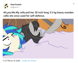 Size: 3508x2835 | Tagged: safe, artist:yaaaco, character:dj pon-3, character:octavia melody, character:vinyl scratch, species:earth pony, species:pony, species:unicorn, ship:scratchtavia, ah yes me my girlfriend and her x, bed, bedroom, blanket, cello, female, lesbian, mare, meme, meta, musical instrument, pillow, ponified meme, selfie, shipping, twitter, unamused, vinyl is not amused