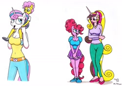 Size: 1920x1362 | Tagged: safe, artist:killerteddybear94, character:li'l cheese, character:pinkie pie, character:princess cadance, character:princess flurry heart, species:anthro, breasts, busty pinkie pie, busty princess cadance, busty princess flurry heart, cleavage, clothing, looking at each other, miniskirt, older, older flurry heart, older pinkie pie, older princess cadance, skirt, smiling, tank top