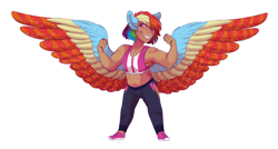 Size: 2800x1500 | Tagged: safe, artist:uunicornicc, character:rainbow dash, species:human, armpit hair, belly button, clothing, colored wings, eared humanization, female, humanized, midget, midriff, multicolored wings, muscles, pants, short, simple background, solo, sports bra, white background, winged humanization, wings
