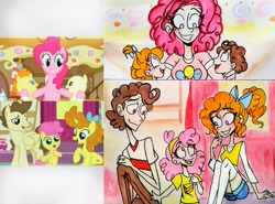 Size: 2723x2018 | Tagged: safe, artist:citi, edit, screencap, character:li'l cheese, character:pinkie pie, character:pound cake, character:pumpkin cake, species:human, episode:baby cakes, episode:the last problem, g4, my little pony: friendship is magic, brother and sister, cake twins, female, humanized, male, scene interpretation, screencap reference, siblings, then and now, traditional art, twins