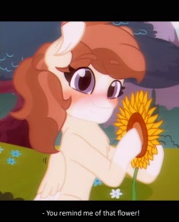 Size: 1280x1586 | Tagged: safe, artist:moonlightdisney5, oc, oc only, oc:summer days, species:pegasus, species:pony, blushing, eye clipping through hair, eyebrows, flower, looking at you, solo, sunflower