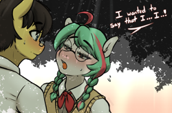 Size: 1752x1152 | Tagged: safe, artist:banbanji, oc, oc:bandaid, oc:juliet, species:anthro, species:earth pony, species:pony, anthro oc, blushing, clothing, confession, dialogue, explicit source, glasses, lidded eyes, looking at each other, ponytail, school uniform, speech, speech bubble, sweat, talking