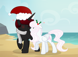 Size: 2409x1761 | Tagged: safe, artist:darbypop1, oc, oc only, oc:bella bambina, oc:mystery teller, species:pegasus, species:pony, beach, christmas, clothing, female, hat, holiday, holly, male, mare, nuzzling, santa hat, stallion