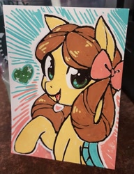 Size: 1575x2048 | Tagged: safe, artist:starshinebeast, character:yona, species:pony, bow, cute, female, hair bow, monkey swings, smiling, solo, traditional art, yonadorable