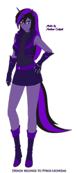 Size: 1280x2884 | Tagged: safe, artist:pyrus-leonidas, oc, oc only, oc:lilac steele, species:human, series:bakugan academy, armpits, boots, clothing, female, fingerless gloves, gloves, horn, horned humanization, humanized, humanized oc, jacket, leather jacket, pony coloring, shoes, simple background, skirt, smiling, smirk, solo, tailed humanization, tank top, transparent background