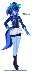 Size: 1280x2905 | Tagged: safe, artist:pyrus-leonidas, oc, oc only, oc:lexi starling, species:anthro, species:human, ambiguous species, belt, blue skin, boots, bow, bracelet, clothing, compression shorts, denim skirt, eared humanizationboots, female, hair bow, hand on hip, happy, humanized, jacket, jewelry, muticolored mane, muticolored tail, pony coloring, shirt, shoes, shorts, simple background, skirt, smiling, solo, tailed humanization, transparent background, vector, white background
