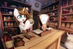 Size: 2500x1693 | Tagged: safe, artist:inowiseei, oc, oc only, species:pony, species:unicorn, abacus, book, bottle, clock, clothing, counter, cup, cyrillic, female, flour sack, food, high res, holding, jar, mare, merchant, open mouth, russian, samovar, scale, shop, smiling, solo, tea, teacup