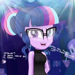 Size: 3000x3000 | Tagged: safe, artist:aryatheeditor, character:diamond tiara, character:twilight sparkle, character:twilight sparkle (scitwi), species:eqg human, my little pony:equestria girls, blue eyes, canterlot high, clothing, digital art, female, geode of telekinesis, glasses, hair bun, heterochromia, looking at you, magical geodes, movie accurate, photo, powerful sparkle, shirt, sleeveless, sleeveless shirt, solo focus, talking