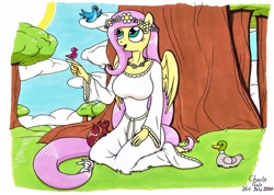 Size: 1920x1368 | Tagged: safe, artist:killerteddybear94, character:fluttershy, species:anthro, species:bird, species:duck, species:rabbit, g4, animal, breasts, busty fluttershy, clothing, cute, dress, floral head wreath, flower, flower necklace, hug, shyabetes, smiling, squirrel, tail hug, traditional art, white dress