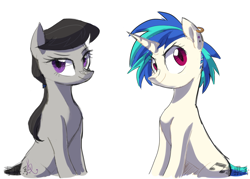 Size: 1400x1000 | Tagged: safe, artist:yaaaco, character:dj pon-3, character:octavia melody, character:vinyl scratch, species:earth pony, species:pony, species:unicorn, ship:scratchtavia, g4, alternate hairstyle, ear piercing, earring, female, jewelry, lesbian, mare, piercing, shipping, simple background, smiling, smirk, white background