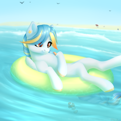 Size: 1500x1500 | Tagged: safe, artist:nika-rain, oc, oc only, oc:seashore swirl, species:pegasus, species:pony, g4, beach, commission, cute, fish, floating, inflatable raft, jewelry, ocean, ring, sky, solo, summer, ych result