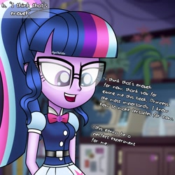 Size: 2048x2048 | Tagged: safe, artist:aryatheeditor, character:twilight sparkle, character:twilight sparkle (scitwi), species:eqg human, g4, my little pony:equestria girls, belt, breasts, clothing, cutie mark, cutie mark on clothes, female, geode of telekinesis, glasses, heterochromia, magical geodes, outfit, powerful sparkle, skirt, solo