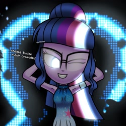Size: 2500x2500 | Tagged: safe, artist:aryatheeditor, character:twilight sparkle, character:twilight sparkle (scitwi), species:eqg human, g4, my little pony:equestria girls, accessories, armpits, blue background, blue eyes, clothing, cutie mark, cutie mark on clothes, dress, female, geode of telekinesis, glasses, glow, glowing eyes, grin, magical geodes, one eye closed, powerful sparkle, shirt, simple background, sleeveless, sleeveless shirt, smiling, solo, wink