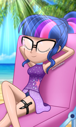 Size: 1500x2500 | Tagged: safe, artist:aryatheeditor, edit, editor:michaelsety, character:twilight sparkle, character:twilight sparkle (scitwi), species:eqg human, g4, my little pony:equestria girls, adorasexy, alternate design, armed, armpits, beach, beach chair, clothing, color edit, colored, crossed legs, cute, cutie mark, day, digital art, eyes closed, female, geode of telekinesis, glass, glasses, headcanon, human coloration, knife, leg strap, legs, light skin edit, magical geodes, palm tree, powerful sparkle, prepared, relaxed, relaxing, sexy, sitting, skin color edit, sleeping, sleeveless, solo, swimsuit, thighs, tree, twiabetes, weapon, whitewashing