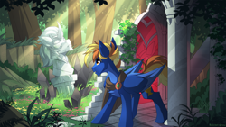 Size: 6500x3657 | Tagged: safe, artist:redchetgreen, character:king sombra, oc, oc only, species:pegasus, species:pony, g4, bust, forest, male, ruins, solo, statue