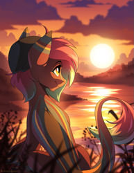 Size: 693x900 | Tagged: safe, artist:redchetgreen, oc, oc only, species:pony, g4, leonine tail, scenery, scenery porn, solo, sunset, water