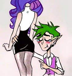 Size: 1756x1864 | Tagged: safe, artist:citi, character:rarity, character:spike, species:human, ship:sparity, g4, blushing, butt, crying, female, human spike, humanized, male, pointing, rearity, shipping, straight, tears of joy